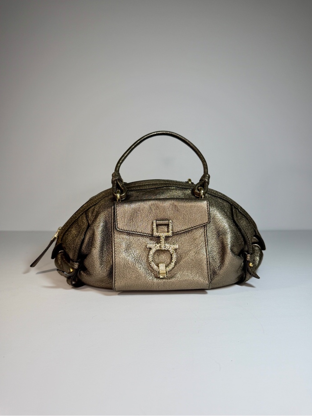 Salvatore Ferragamo Metallic Leather Crystal Gancini Satchel Bag Bronze Gold - Picture 2 of 11